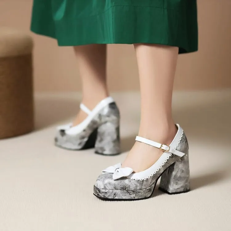 Women Platform Bow Mary Jane Pumps Shoes Square Toe Chunky High Heels with Floral Pattern