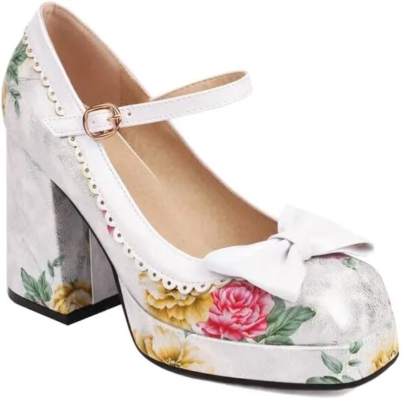 Women Platform Bow Mary Jane Pumps Shoes Square Toe Chunky High Heels with Floral Pattern
