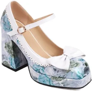 Women Platform Bow Mary Jane Pumps Shoes Square Toe Chunky High Heels with Floral Pattern