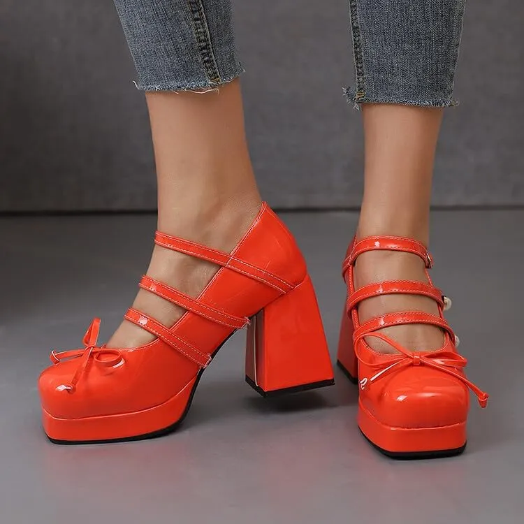 Women Platform Bow Mary Jane Pumps Shoes Square Toe Chunky High Heels with Pearls