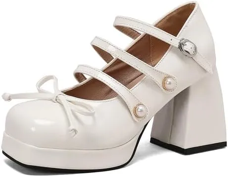 Women Platform Bow Mary Jane Pumps Shoes Square Toe Chunky High Heels with Pearls
