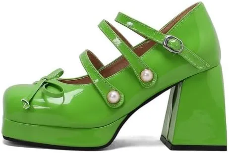 Women Platform Bow Mary Jane Pumps Shoes Square Toe Chunky High Heels with Pearls