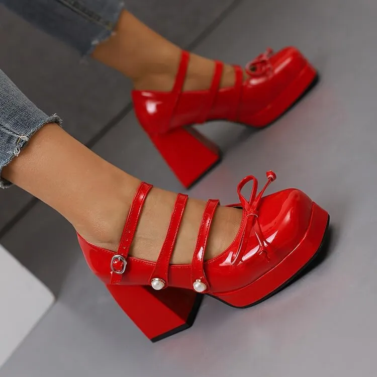 Women Platform Bow Mary Jane Pumps Shoes Square Toe Chunky High Heels with Pearls