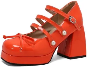 Women Platform Bow Mary Jane Pumps Shoes Square Toe Chunky High Heels with Pearls