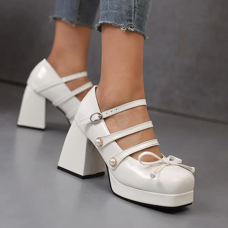 Women Platform Bow Mary Jane Pumps Shoes Square Toe Chunky High Heels with Pearls