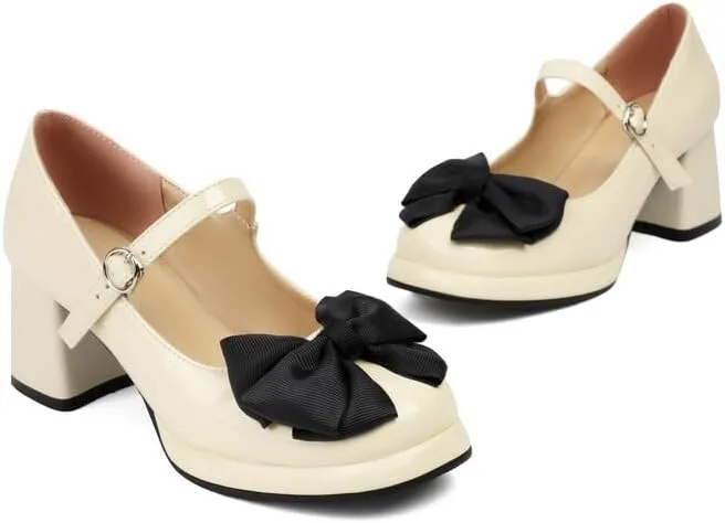 Women Platform Bow Mary Jane Pumps Shoes Square Toe Chunky High Heels