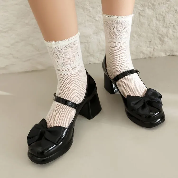 Women Platform Bow Mary Jane Pumps Shoes Square Toe Chunky High Heels