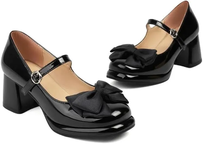 Women Platform Bow Mary Jane Pumps Shoes Square Toe Chunky High Heels