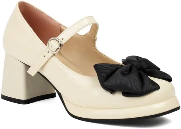 Women Platform Bow Mary Jane Pumps Shoes Square Toe Chunky High Heels
