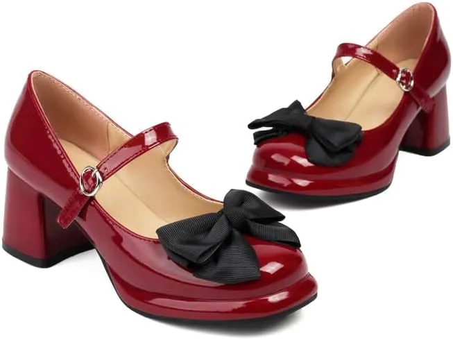 Women Platform Bow Mary Jane Pumps Shoes Square Toe Chunky High Heels