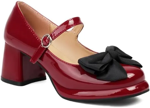 Women Platform Bow Mary Jane Pumps Shoes Square Toe Chunky High Heels