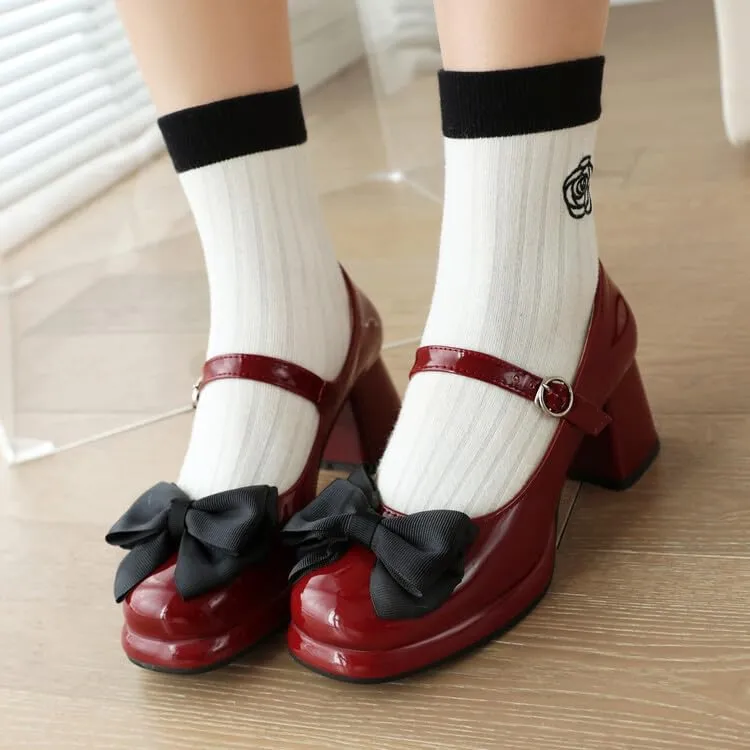Women Platform Bow Mary Jane Pumps Shoes Square Toe Chunky High Heels