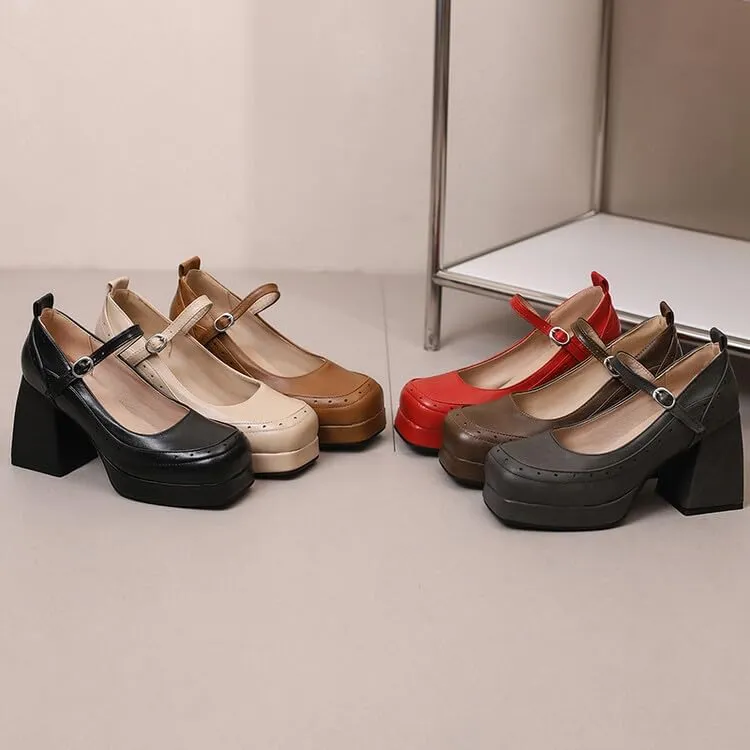 Women Platform Brogue Mary Jane Pumps Shoes Square Toe Chunky High Heels