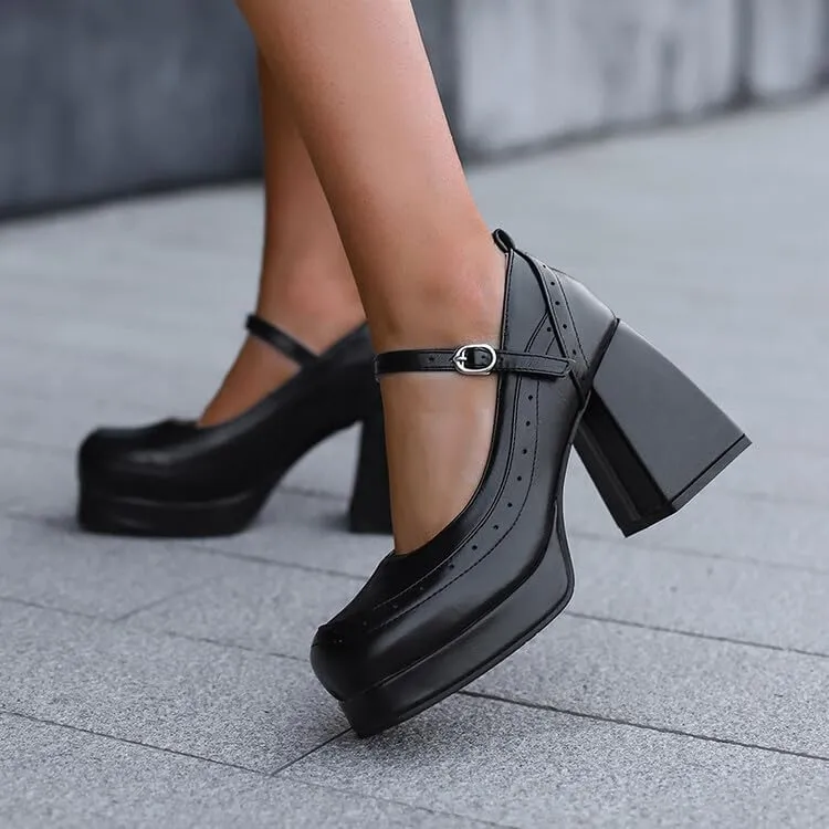 Women Platform Brogue Mary Jane Pumps Shoes Square Toe Chunky High Heels