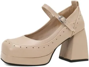 Women Platform Brogue Mary Jane Pumps Shoes Square Toe Chunky High Heels