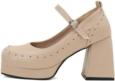 Women Platform Brogue Mary Jane Pumps Shoes Square Toe Chunky High Heels