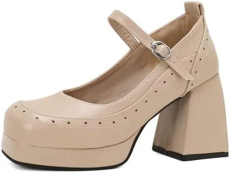 Women Platform Brogue Mary Jane Pumps Shoes Square Toe Chunky High Heels