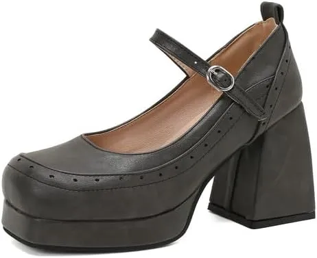 Women Platform Brogue Mary Jane Pumps Shoes Square Toe Chunky High Heels