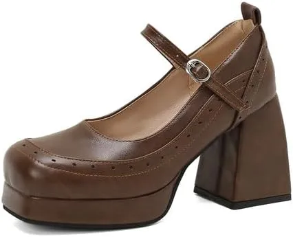 Women Platform Brogue Mary Jane Pumps Shoes Square Toe Chunky High Heels