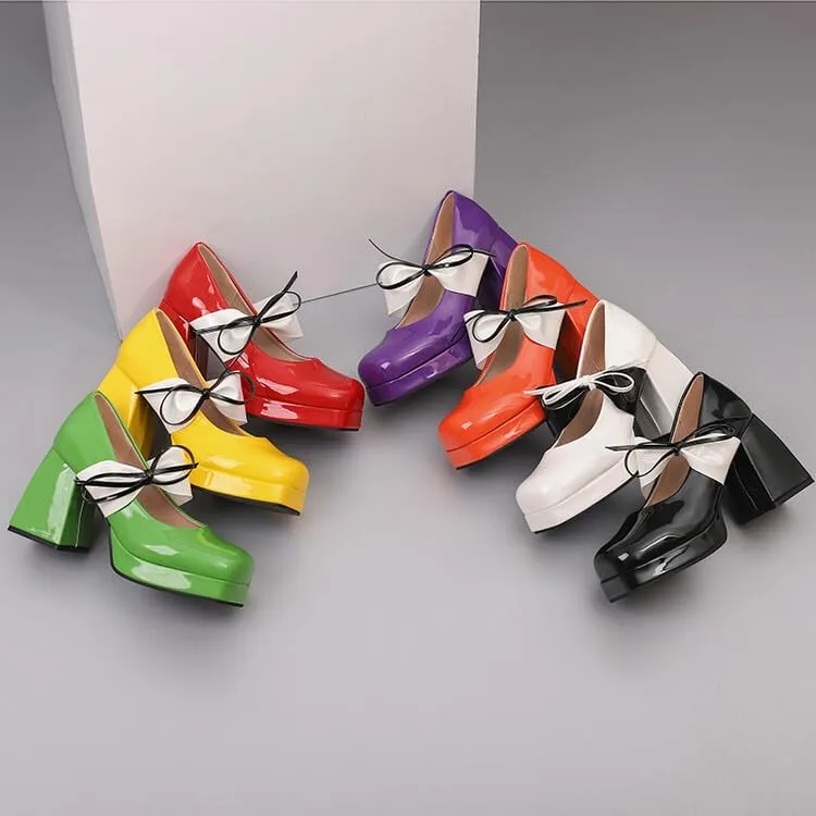 Women Platform Mary Jane Pumps Shoes Square Toe Chunky High Heels with Ribands