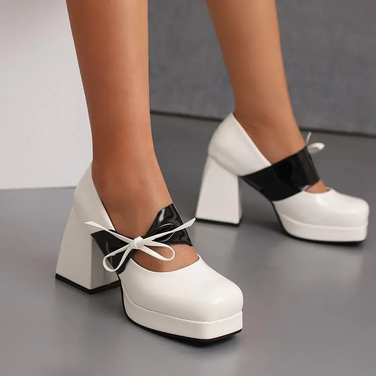 Women Platform Mary Jane Pumps Shoes Square Toe Chunky High Heels with Ribands