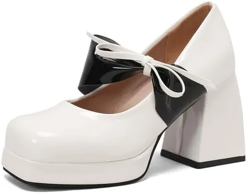 Women Platform Mary Jane Pumps Shoes Square Toe Chunky High Heels with Ribands