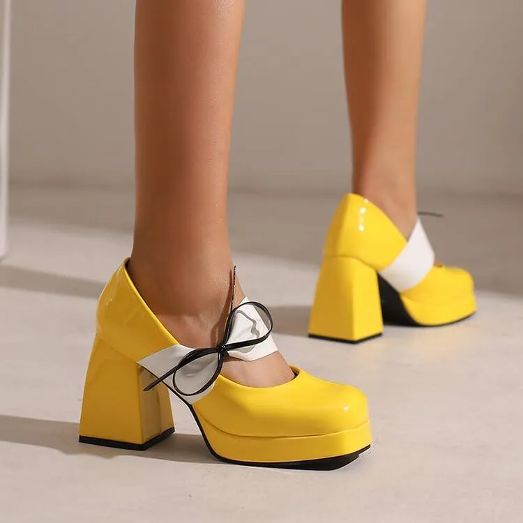 Women Platform Mary Jane Pumps Shoes Square Toe Chunky High Heels with Ribands