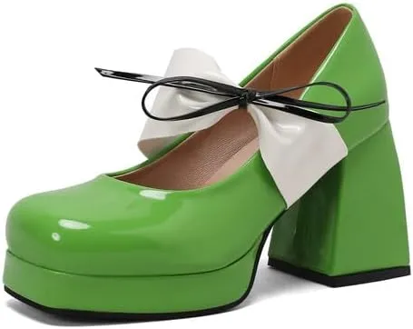 Women Platform Mary Jane Pumps Shoes Square Toe Chunky High Heels with Ribands