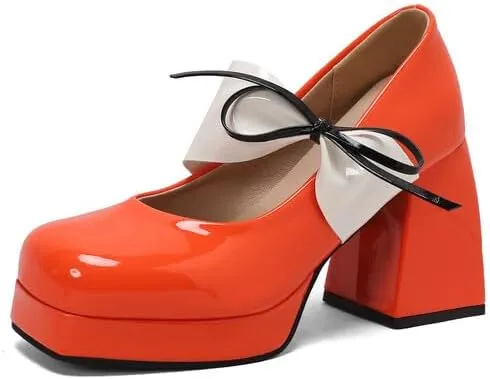Women Platform Mary Jane Pumps Shoes Square Toe Chunky High Heels with Ribands