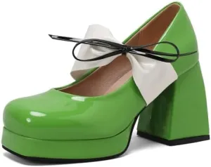 Women Platform Mary Jane Pumps Shoes Square Toe Chunky High Heels with Ribands