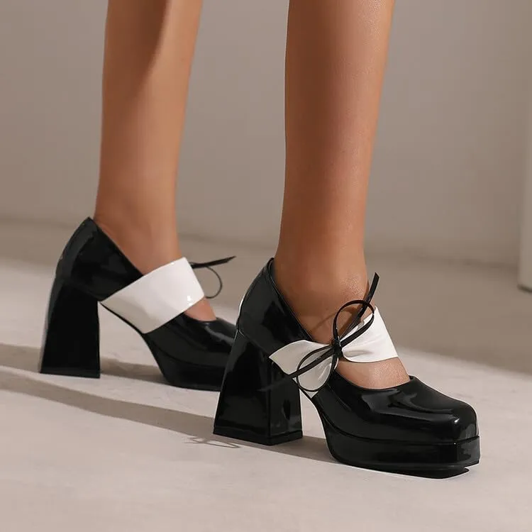 Women Platform Mary Jane Pumps Shoes Square Toe Chunky High Heels with Ribands