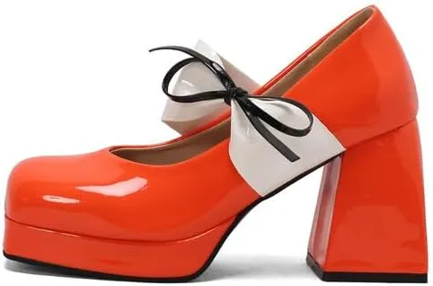 Women Platform Mary Jane Pumps Shoes Square Toe Chunky High Heels with Ribands