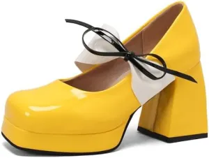 Women Platform Mary Jane Pumps Shoes Square Toe Chunky High Heels with Ribands