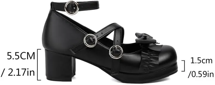 Women's Bow Knot Chunky Heel Platform Pumps High Heels Mary Jane Lolita Shoes