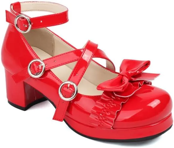 Women's Bow Knot Chunky Heel Platform Pumps High Heels Mary Jane Lolita Shoes