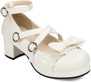 Women's Bow Knot Chunky Heel Platform Pumps High Heels Mary Jane Lolita Shoes