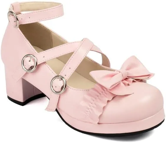 Women's Bow Knot Chunky Heel Platform Pumps High Heels Mary Jane Lolita Shoes