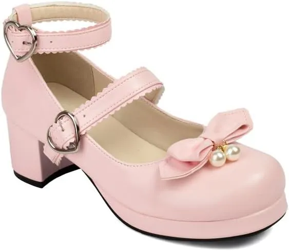 Women's Bowtie Buckle Chunky Heel Platform Pumps High Heels Mary Jane Lolita Shoes