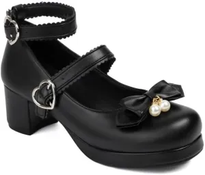 Women's Bowtie Buckle Chunky Heel Platform Pumps High Heels Mary Jane Lolita Shoes