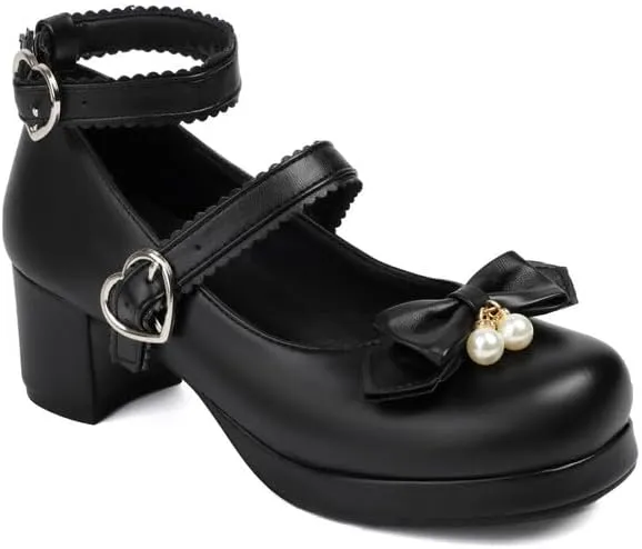 Women's Bowtie Buckle Chunky Heel Platform Pumps High Heels Mary Jane Lolita Shoes