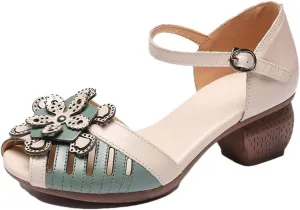 Womens Buckle Strap Back Strap Hoof Heel Open Side Vamp Retro Sandals Leather Platform Flower Detail Beach Cool