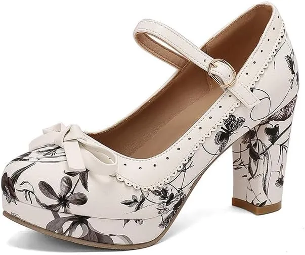 Women's High Heel Printed Bow Platform Pumps Mary Jane Shoes