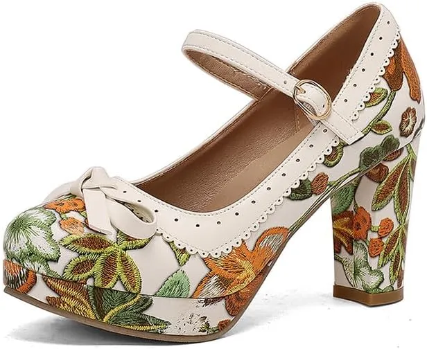 Women's High Heel Printed Bow Platform Pumps Mary Jane Shoes