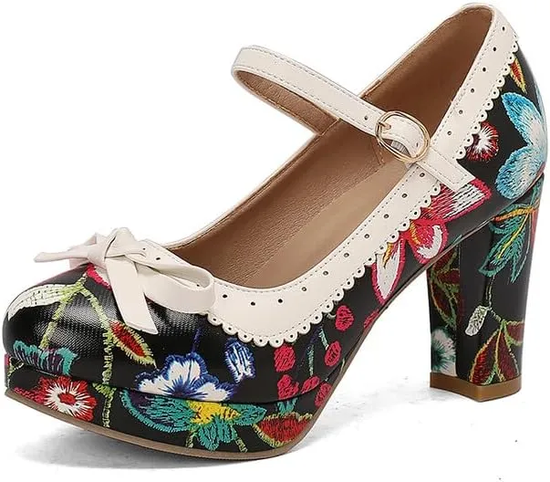 Women's High Heel Printed Bow Platform Pumps Mary Jane Shoes