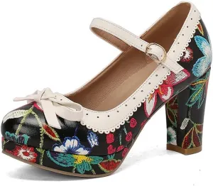 Women's High Heel Printed Bow Platform Pumps Mary Jane Shoes