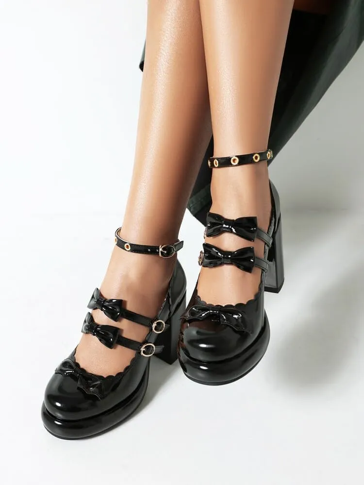 Women's Knot Mary Janes Platform Square High Heel Pumps