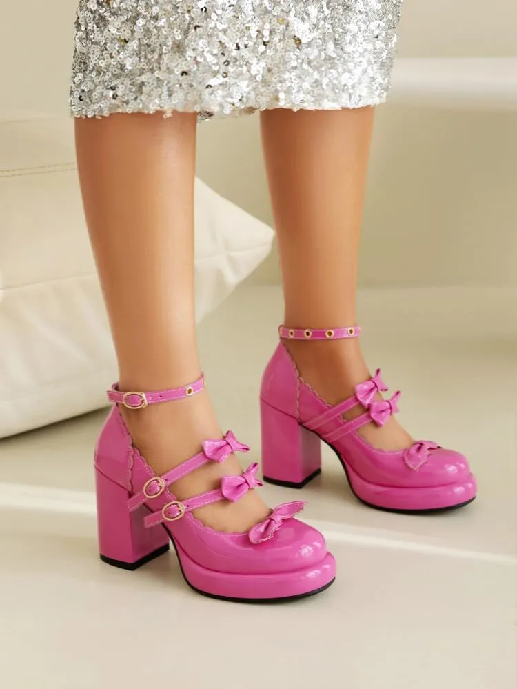 Women's Knot Mary Janes Platform Square High Heel Pumps