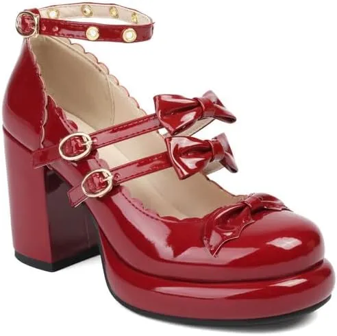 Women's Knot Mary Janes Platform Square High Heel Pumps