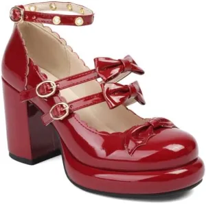 Women's Knot Mary Janes Platform Square High Heel Pumps