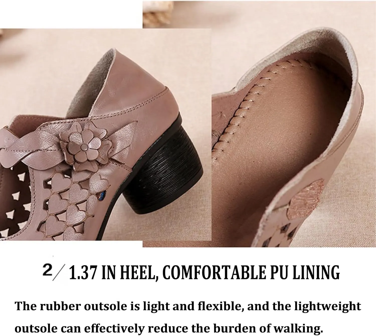 Women's Leather Hollow Chunky Heel Mary Janes Casual Round Toe Hook and Loop Soft Non-Slip Dress Pumps Comfort Flower Evening Dating Sandals
